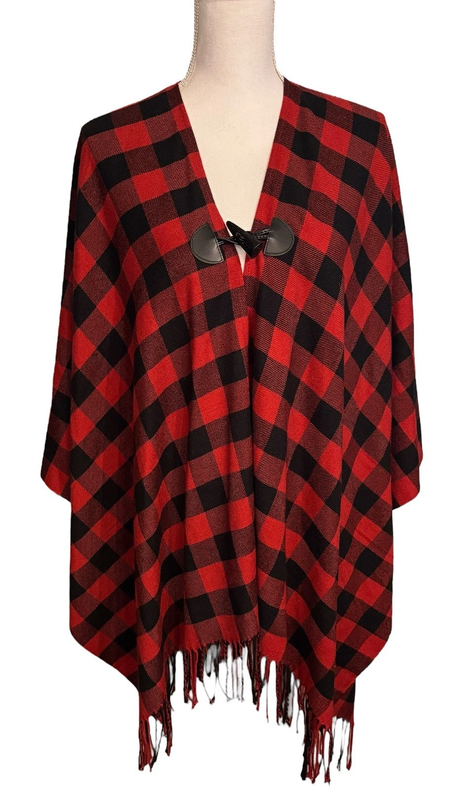 Chaps Buffalo Plaid Red Black Check Fringed Poncho Cape With Toggle Closure O/S