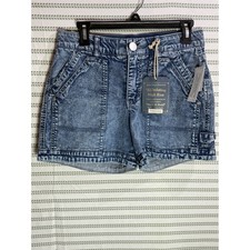 Democracy Women Shorts Blue Acid Wash High Rise Ab Solution Utility Carpenter 6