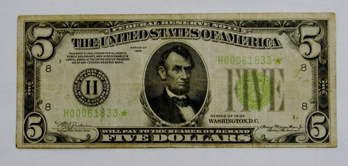 1934 - $5 Federal Reserve STAR Note St. Louis - Avg. Circulated