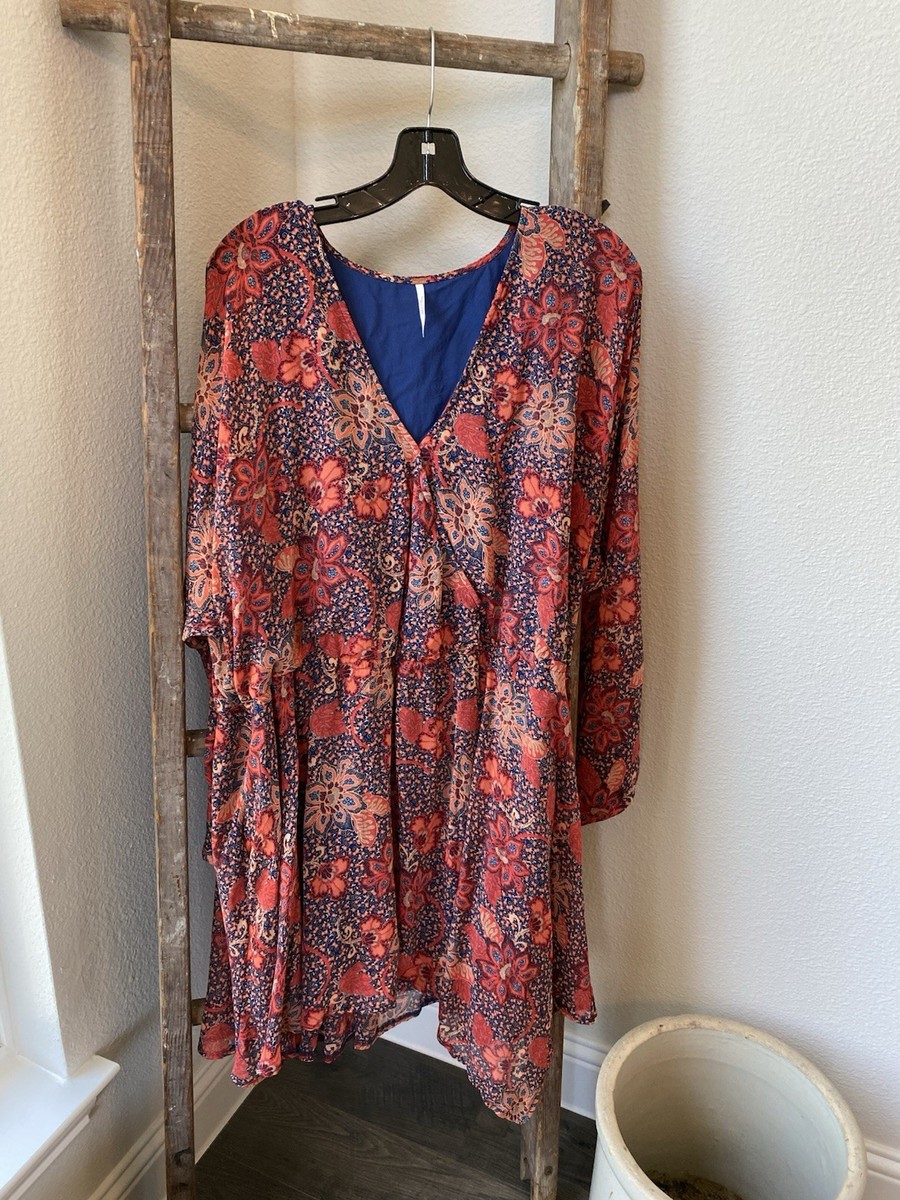 Free People Retro Dress Orange Floral Boho Faux Wrap A-line V-Neck Size Lg