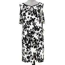 Melrose Dress Womens 6 White Black Floral Stretch Knit A-line Cold Shoulder New