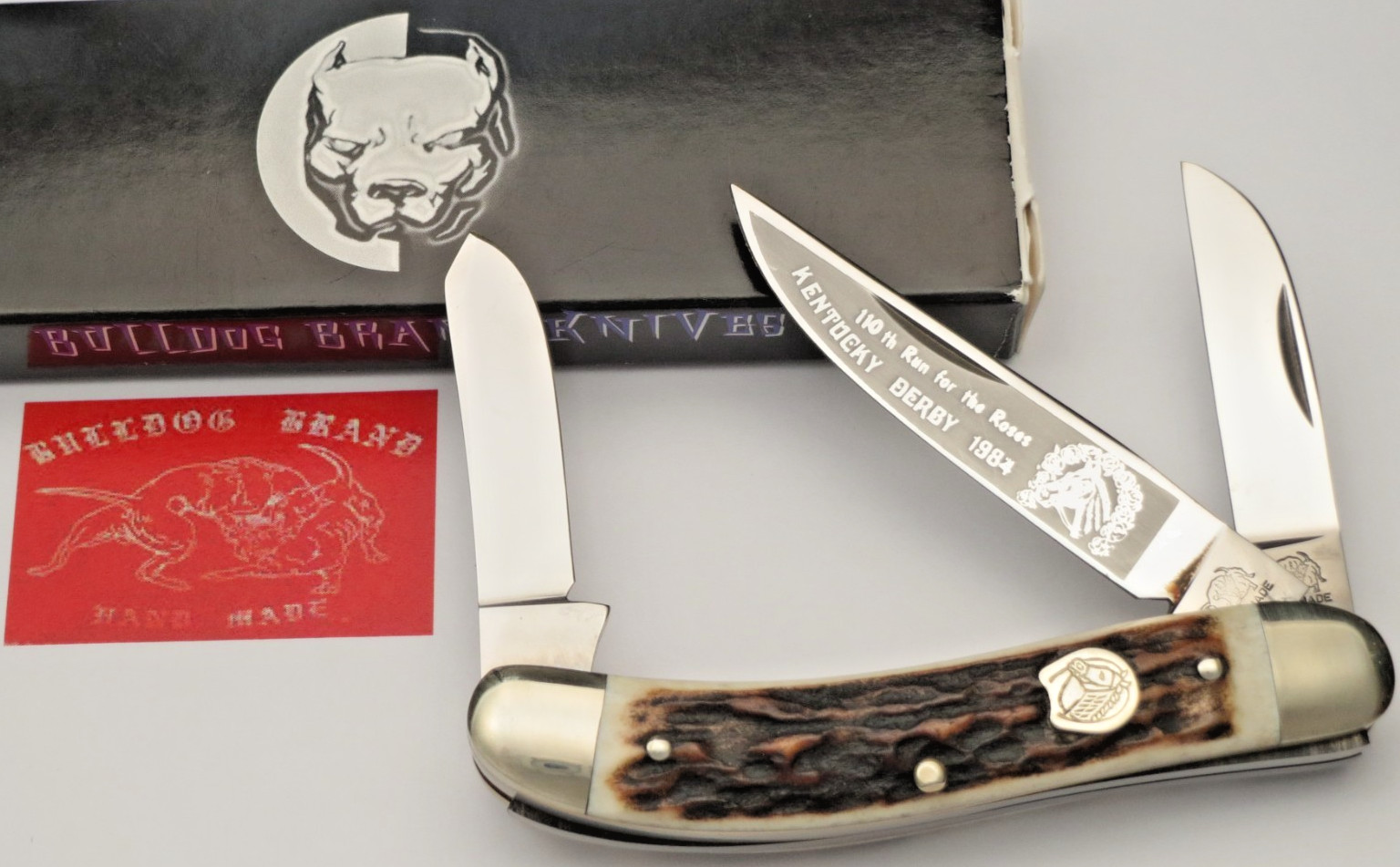 Vintage 1984 BULLDOG BRAND S&D Germany Sowbelly Stock Knife Stag KENTUCK DERBY