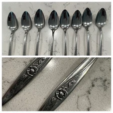 Ice Tea Spoons Set of 8 Lot Oneidacraft Deluxe Stainless Flatware Lasting Rose