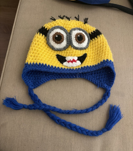 Minion Crochet Aviator Ear Flap Hat w/ Tassel Ties Yellow/Blue One Size