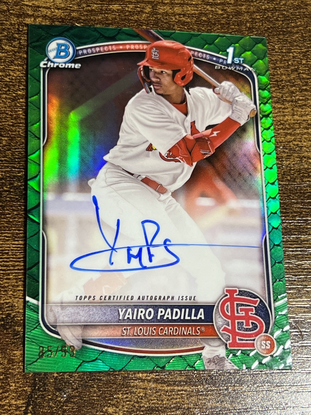 YAIRO PADILLA 2025 Bowman Chrome #CPA-YP Cardinals 1st Green Reptilian Auto /99