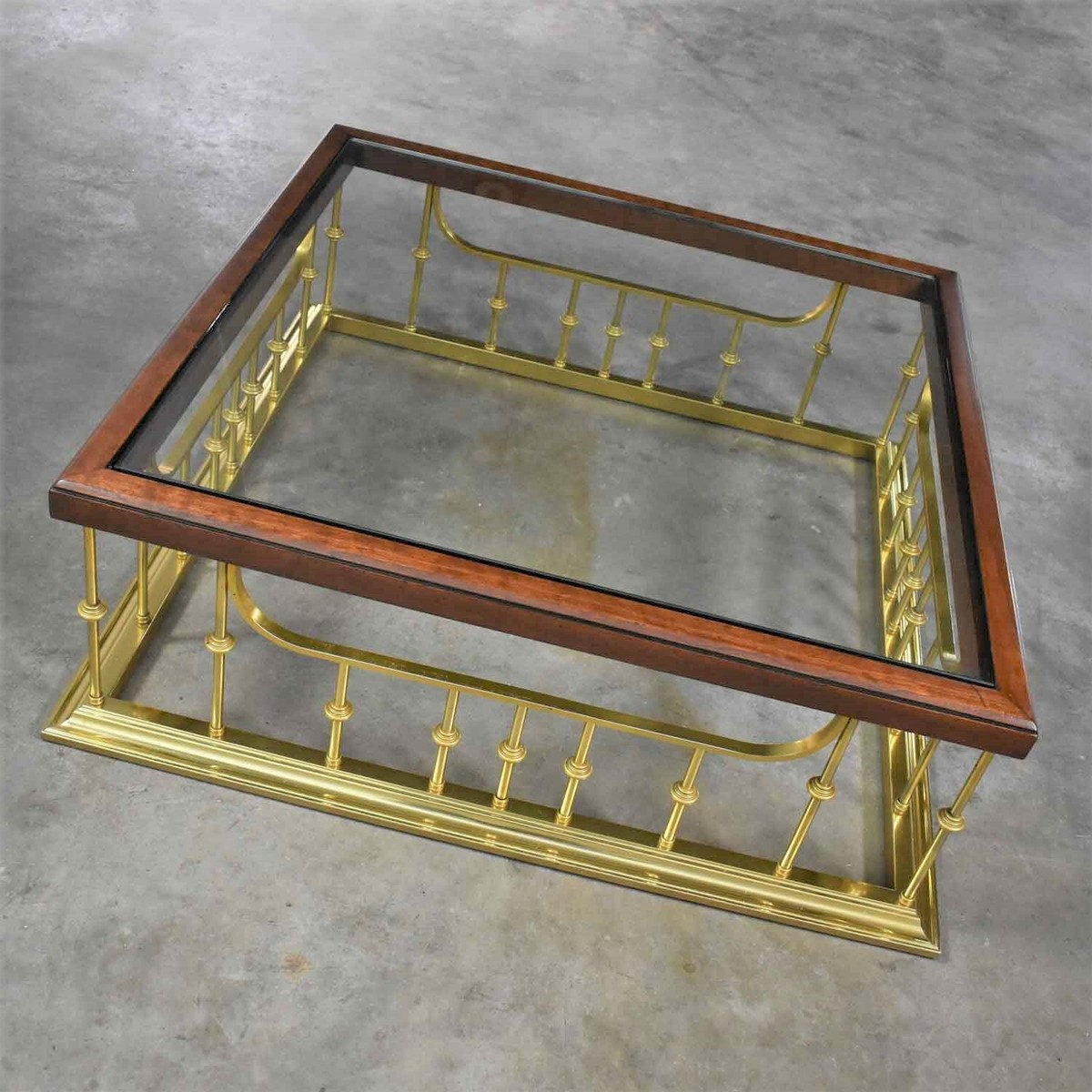 Glass Wood Brass Fireplace Fender Style Large Square Coffee Table