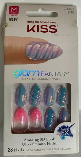 Kiss Nails Glam Fantasy Glue or Press on Medium Glitter Pink/purple Unicorn 3D
