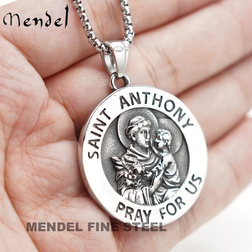 MENDEL Jesus St Saint Anthony Medal Medallion Pendant Necklace Stainless Steel - Picture 1 of 7