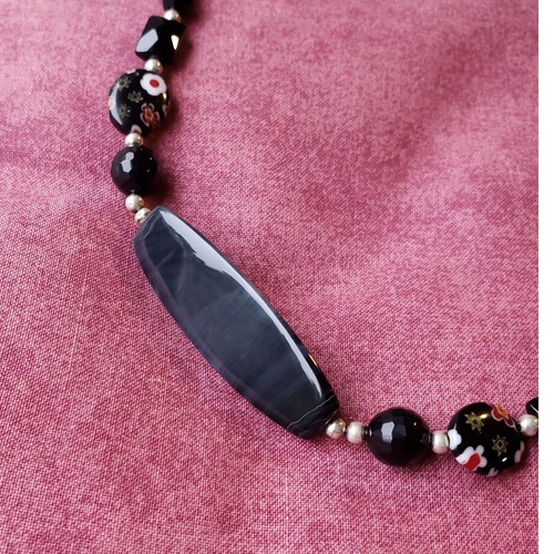 Vintage Millefiori Glass Black Obsidion Beaded Flower Silver Toggle Necklace N2 - Imagen 4 de 11