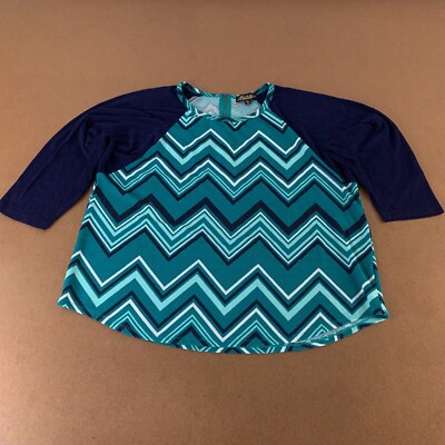 Absolutely Famous Womens 2X Blue Chevron Stripe Black 3/4 Sleeve Pullover Blouse