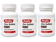 3 Pack - Rugby Zinc Sulfate 220 mg Tablets Dietary Supplement - 100 Tablets
