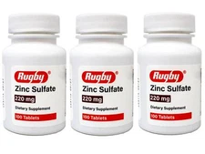 3 Pack - Rugby Zinc Sulfate 220 mg Tablets Dietary Supplement - 100 Tablets