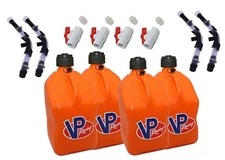 VP 4 Pack Orange Square 5 Gallon Fuel Jugs + Hose, Hose Bender, & Ball Valve