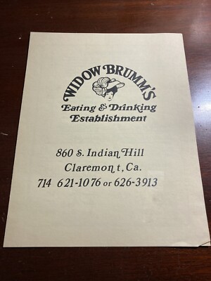 Widow Brumm's Eating & Dining Claremont California CA Vintage Menu