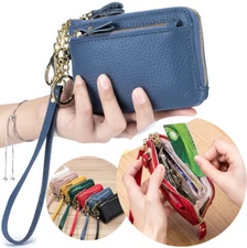 Women Wristlet Genuine Leather Coin Purse Mini Pouch Change Wallet with Keychain