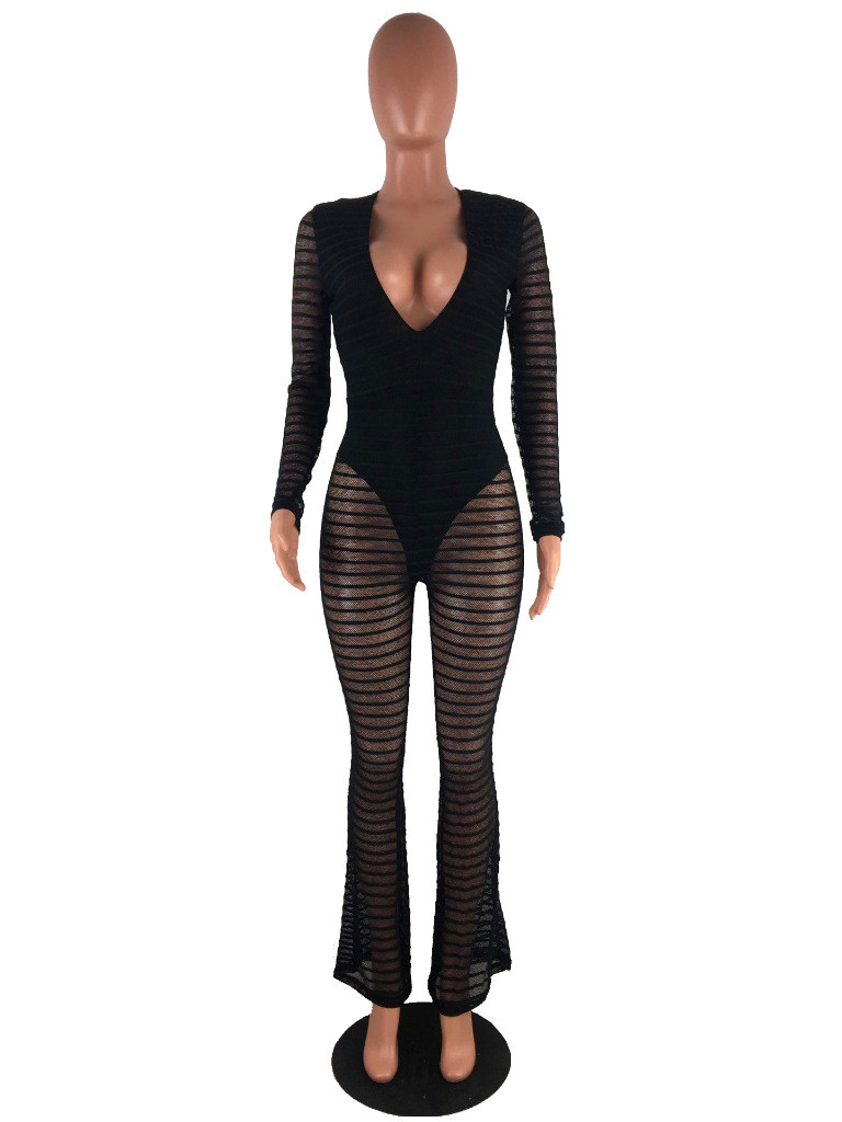USA Stylish Women Sexy Gauze See Thru VNeck Gauze Bodysuit Jumpsuit