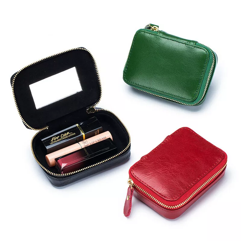 Make-up pouch - genuine leather - integrated mirror