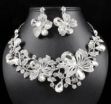 Sexy Flower Austrian Rhinestone Crystal Necklace Earrings Set Prom Silver N815