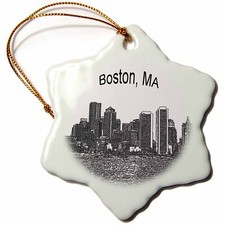3dRose Boston Downtown Skyline Line Art 3 inch Snowflake Porcelain Ornament
