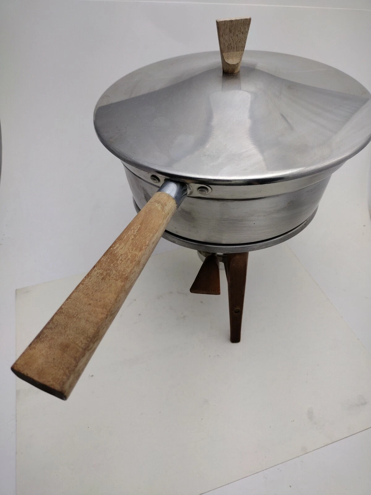 RARE Mid Century Modern Fondue Set Hard Wood Handle Tray 6 Piece STAINLESS STEEL