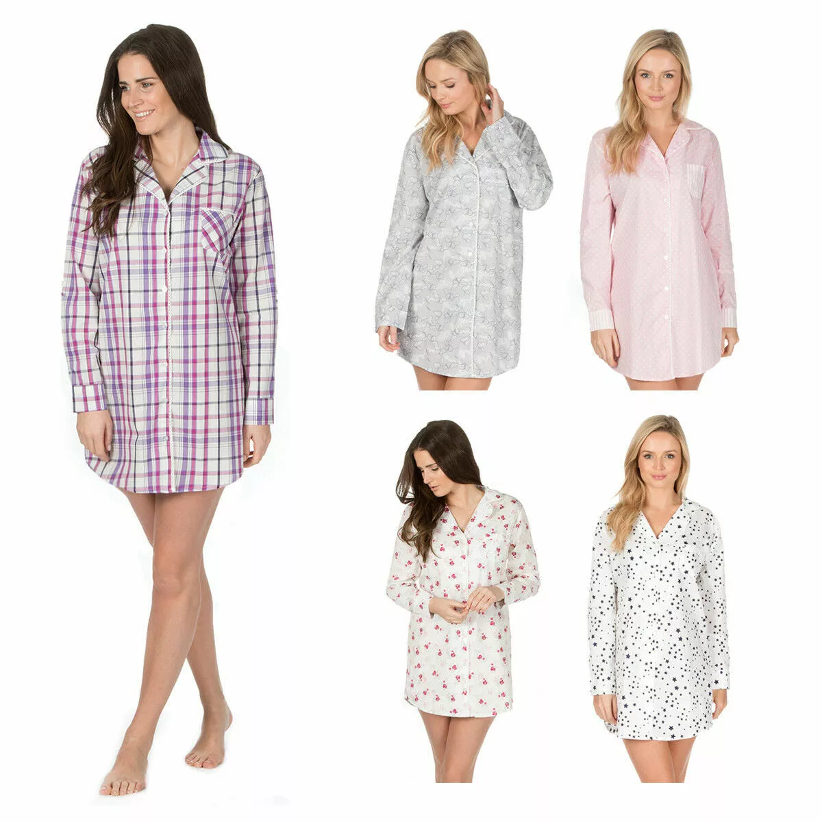 Ladies Womens Woven Cotton Nightshirt Button Up Long Sleeve