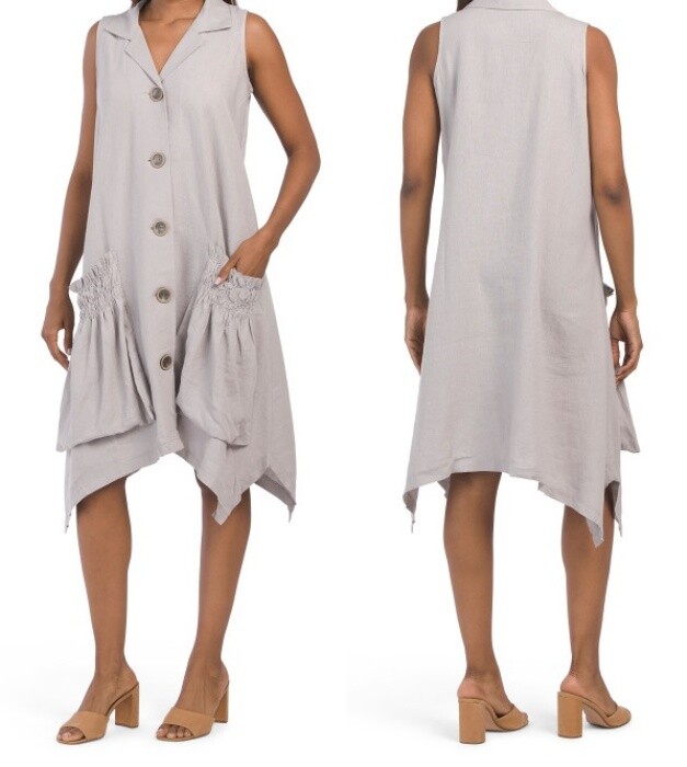 For Cynthia Linen-Blend Sark Bite Hem Shirt Dress w/Patch Ruched