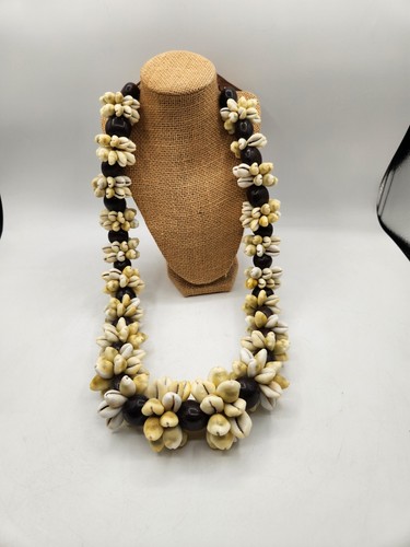 Hawaiian Kukui Nut & Cowrie Shell Lei Necklace on Brown Ribbon Aprox 17 " Long