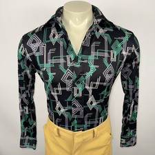 Vintage 60s 70s Disco Shirt Nylon Stretch Nik Geometric Abstract Mod Mens Medium