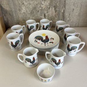 Vintage Berggren Folk Art Rooster Weather Vane Coffee Mug Plates Creamer Custard