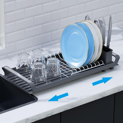 #ad #ad TOOCA BEAR Expandable Small Dish Drying Rack with Cutlery Holder Gray $17.45