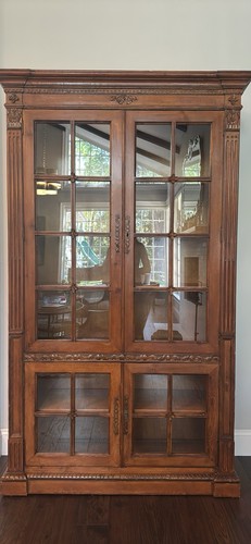 Vintage 20th Century French Provincial Hutch Cabinet With Glass Windows