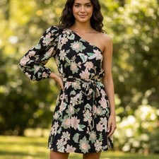 Who What Wear $48 XL Black Pink 1 Shoulder Floral Linen Blend Bishop Belt Dress