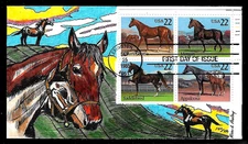 2158A 22c Stamp (Se-Tenant/Plate Block) (1985) HORSE BREEDS FDC HD/HP BY PASLAY