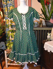 Vintage 70s Partners Please Green Square Dance Dress Lace Prairie Cottage L/XL