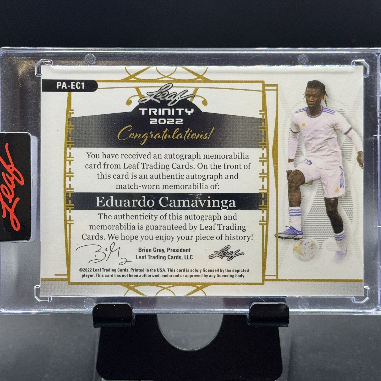Eduardo Camavinga 2022 Leaf Trinity Match Worn Patch Auto /6 Real Madrid France view 2