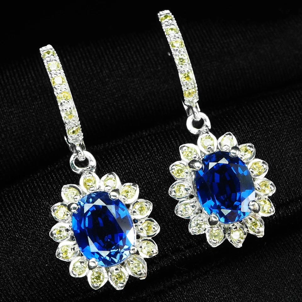 925 Sterling Silver White Gold Earrings Invaluable Royal Blue Sapphire 5.25Ct - Image 2 of 4