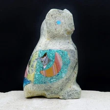Zuni Fetish-Native American-Serpentine FANCY OWL with Stone Inlay-Jayne Quam