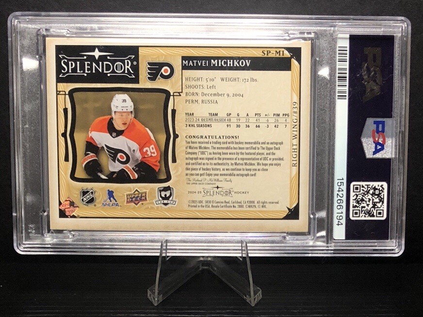 2024-25 The Cup Matvei Michkov Splendor Rookie Patch Auto RC /36 PSA 8 view 2