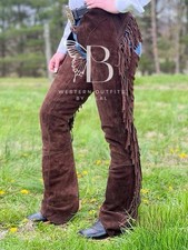 ADULT EQUI-GRIP XL Brown WESTERN FRINGE CHAPS SUEDE LEATHER