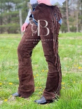 ADULT EQUI-GRIP XL Brown WESTERN FRINGE CHAPS SUEDE LEATHER