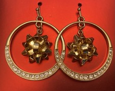 1 5/8 Adorable Sparkling Drop Dangle Christmas Earrings Gold Tone Bow Design