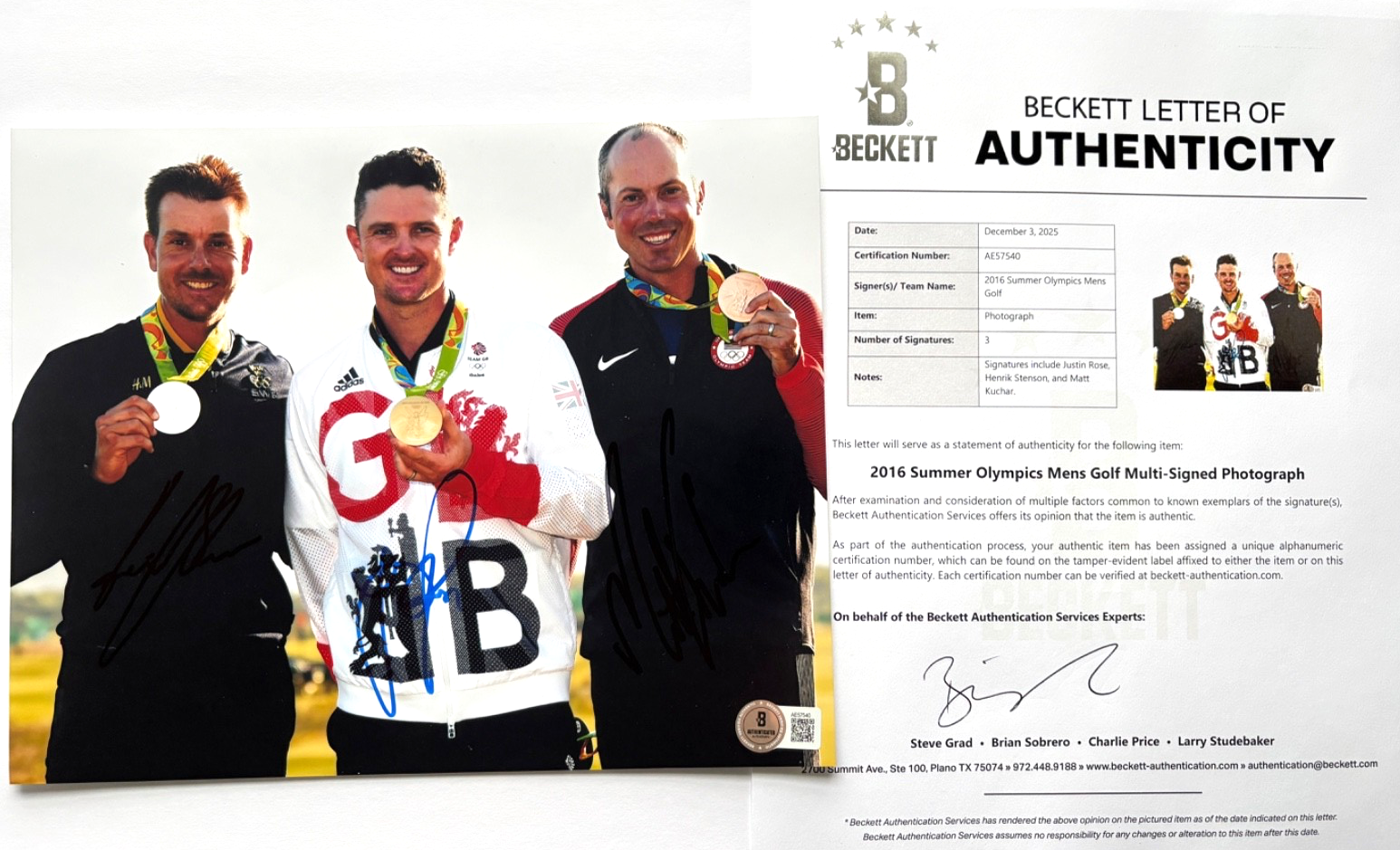 Justin Rose Autographed Signed Oklahoma City Thunder HENRIK STENSON MATT KUCHAR 8X10 PHOTO 2016 RIO OLYMPICS BAS 
