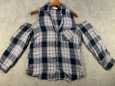 New York Co Womens Medium Blue Plaid Tops Button Up Cold Shoulder Long Sleeve
