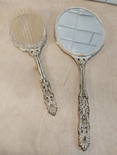 Art Deco Whitewashed Brass Tone Handheld Vanity Mirror Brush Set Vtg/Atq