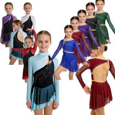 Girls Figure Skating Dress Mesh Long Sleeve Dress Modern Lyrical Dance Leotard