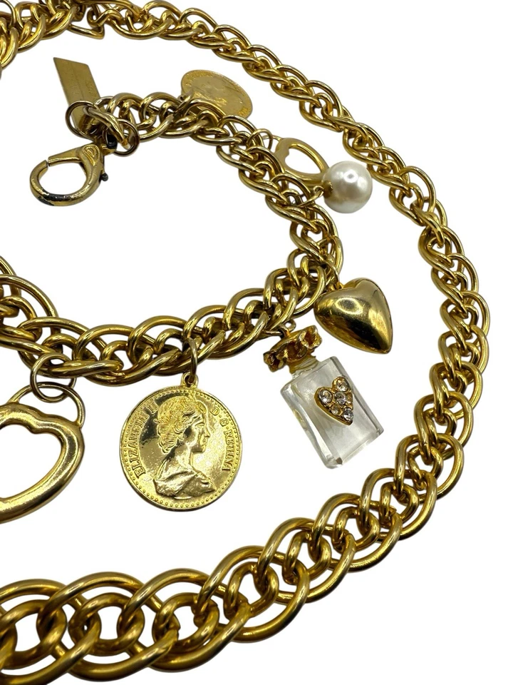 Vintage The Limited Charms Chain Belt Gold Tone Coins Heart Perfume Bottle Korea - Image 3 of 4