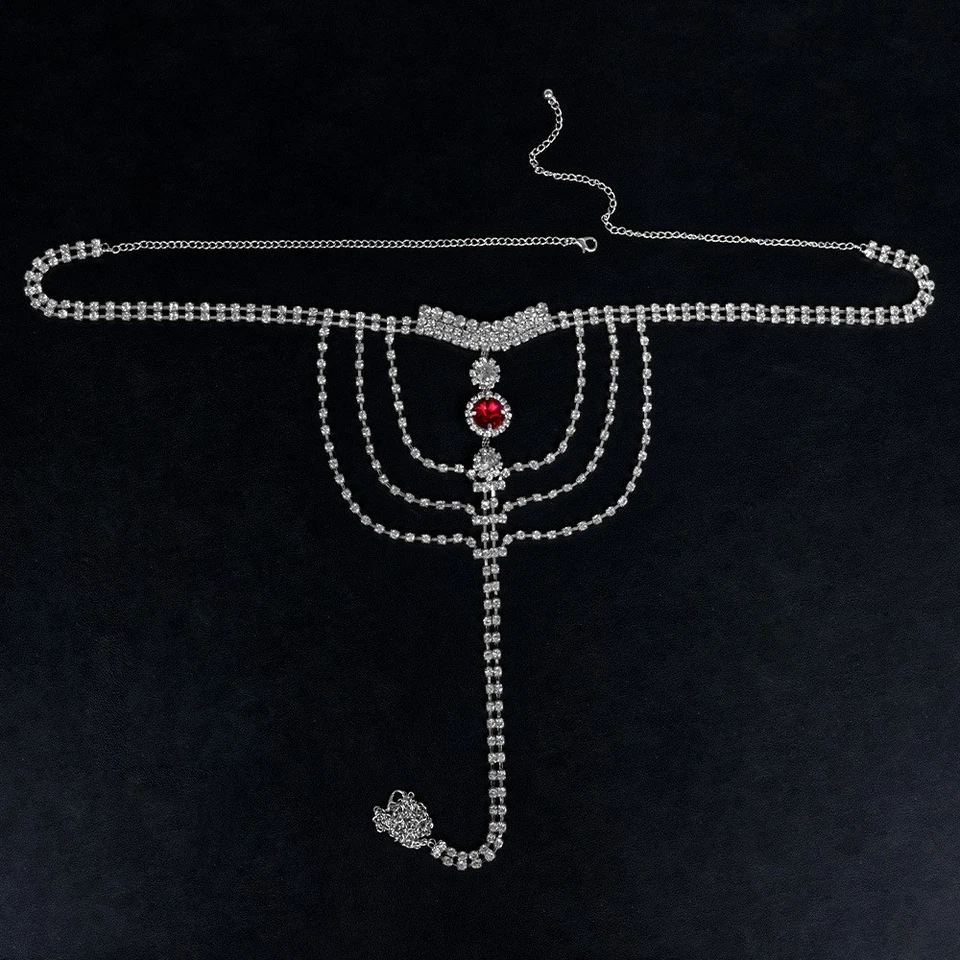 Sexy conjunto de cadena corporal de bikini con estrás de bikini rubí de moda para mujer Foto 2 de 4