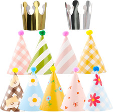 Party Hats for Kids Birthday, 11 Pack Birthday Hats with Pom Poms, Paper Cone Ca
