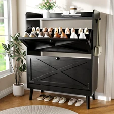 Shoe Storage Cabinet with 2 Flip Drawers, Entryway Shoe Cabinet with 2 Metal Hoo