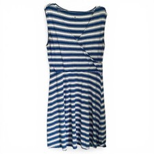 Talbots Blue & Cream Striped Faux Wrap Dress Size L Sleeveless Stretch Midi